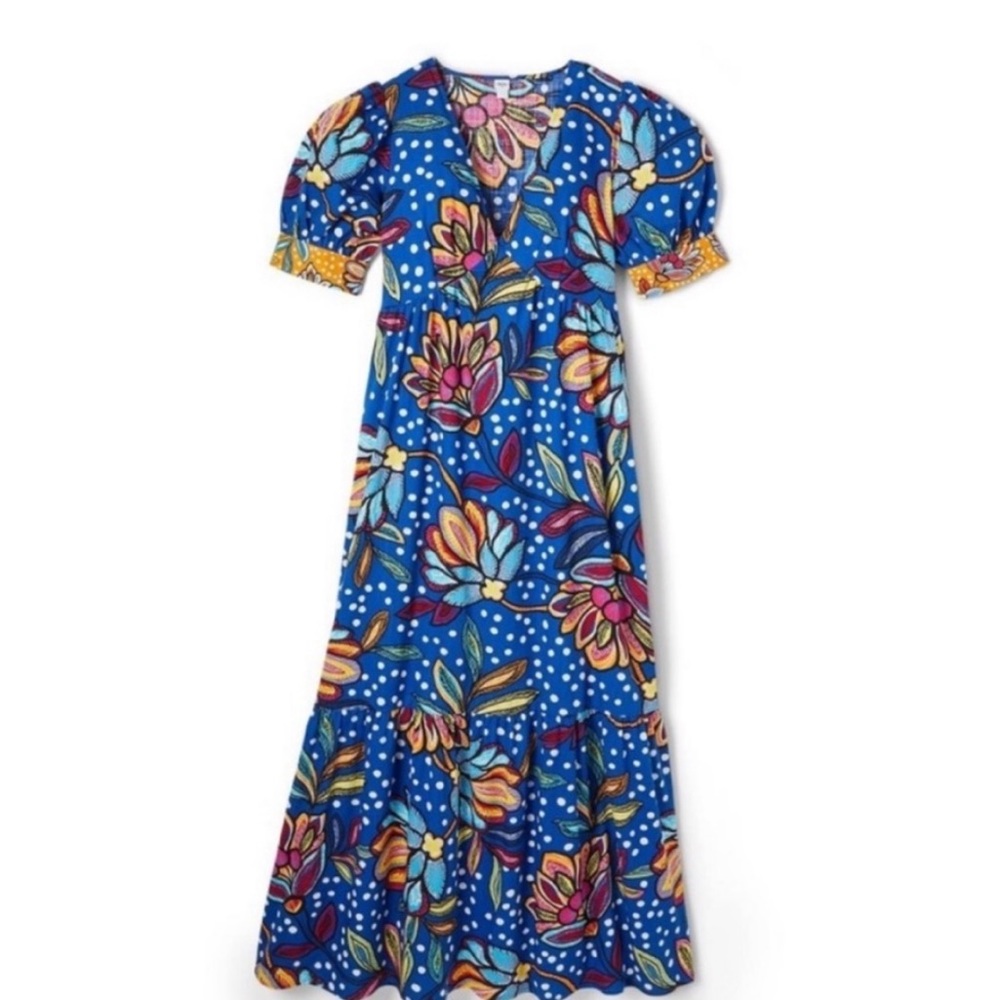 Mixed Floral/polka Dot Print Puff Sleeve Midi Dress